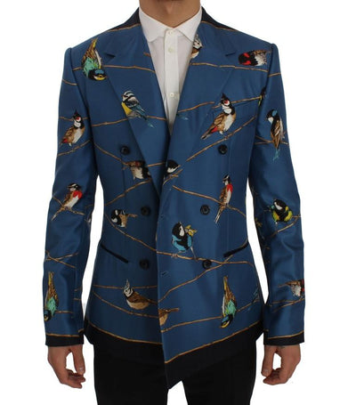 Blue Bird Print Silk Slim Fit Blazer Jacket