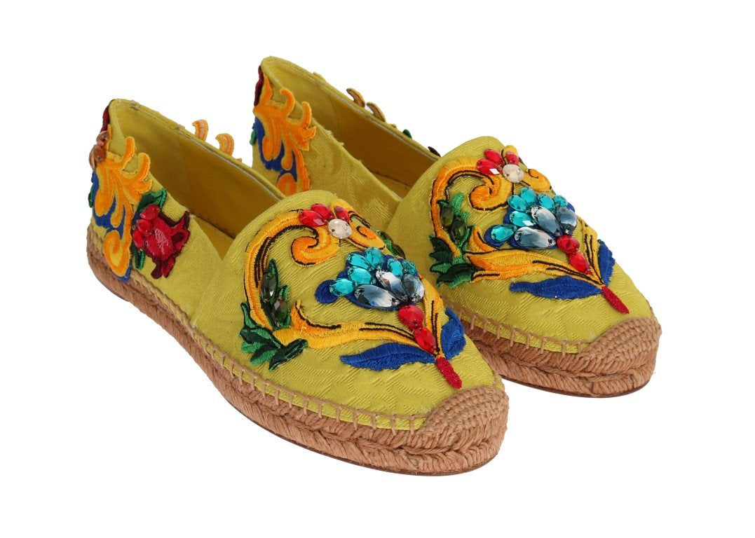 Yellow Brocade Crystal Espadrilles Shoes