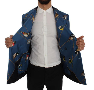 Blue Bird Print Silk Slim Fit Blazer Jacket