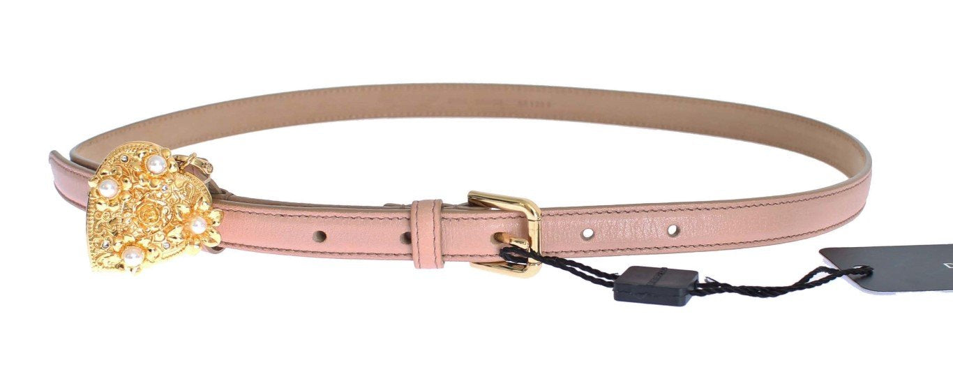 Pink Leather Gold Crystal Heart Pendant Belt
