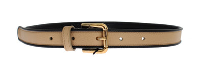 Beige Leather Gold Buckle Logo Waist Belt