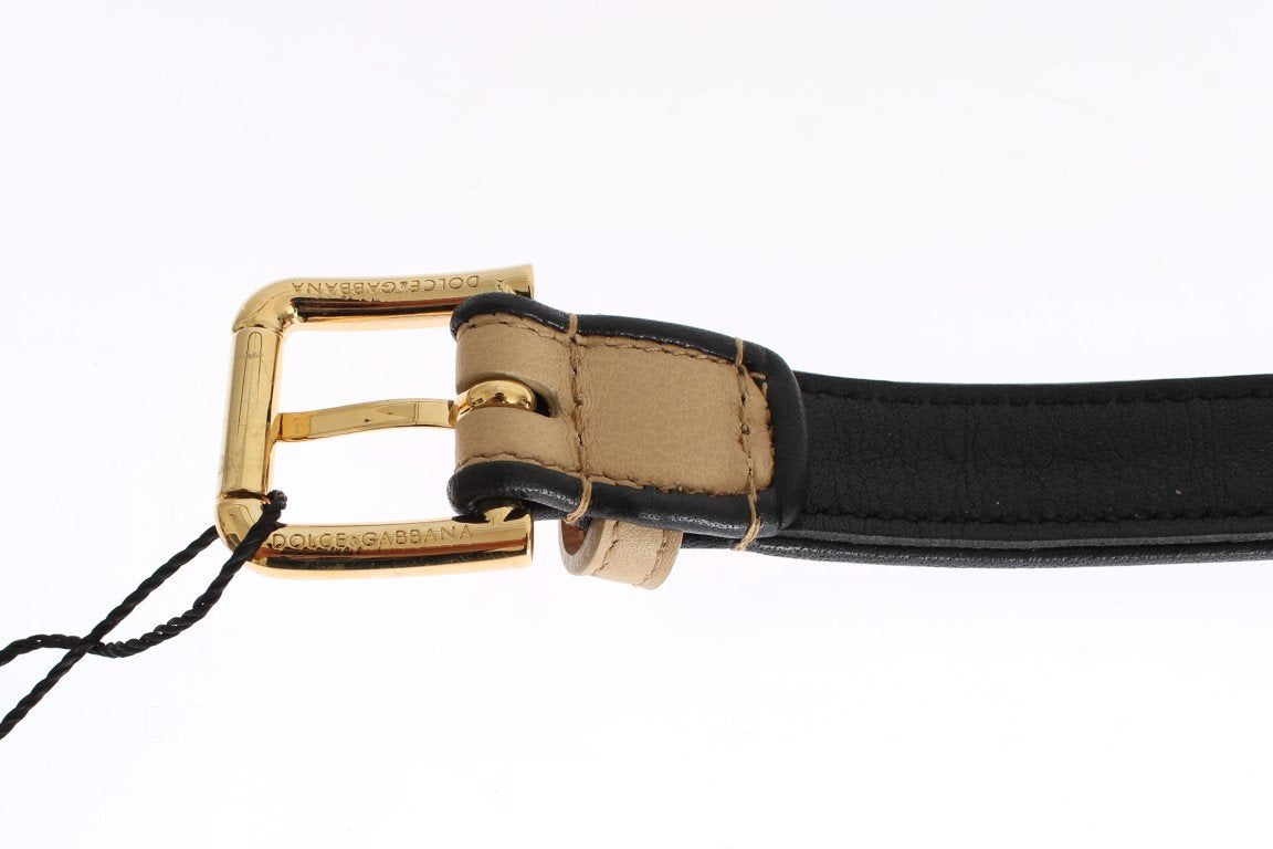 Beige Leather Gold Buckle Logo Waist Belt