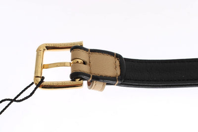Beige Leather Gold Buckle Logo Waist Belt