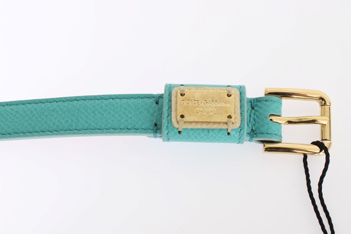 Light Blue Leather Gold Buckle Logo Belt