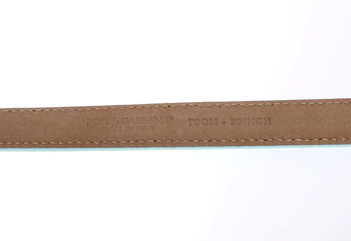 Light Blue Leather Gold Buckle Logo Belt