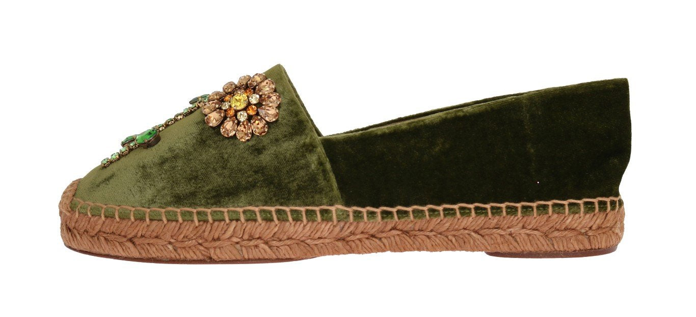 Green Velvet Crystal Espadrilles Shoes