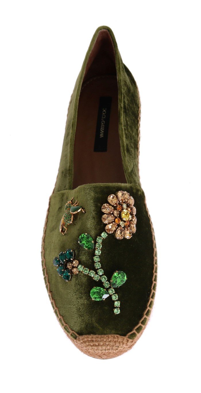 Green Velvet Crystal Espadrilles Shoes