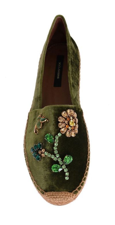 Green Velvet Crystal Espadrilles Shoes