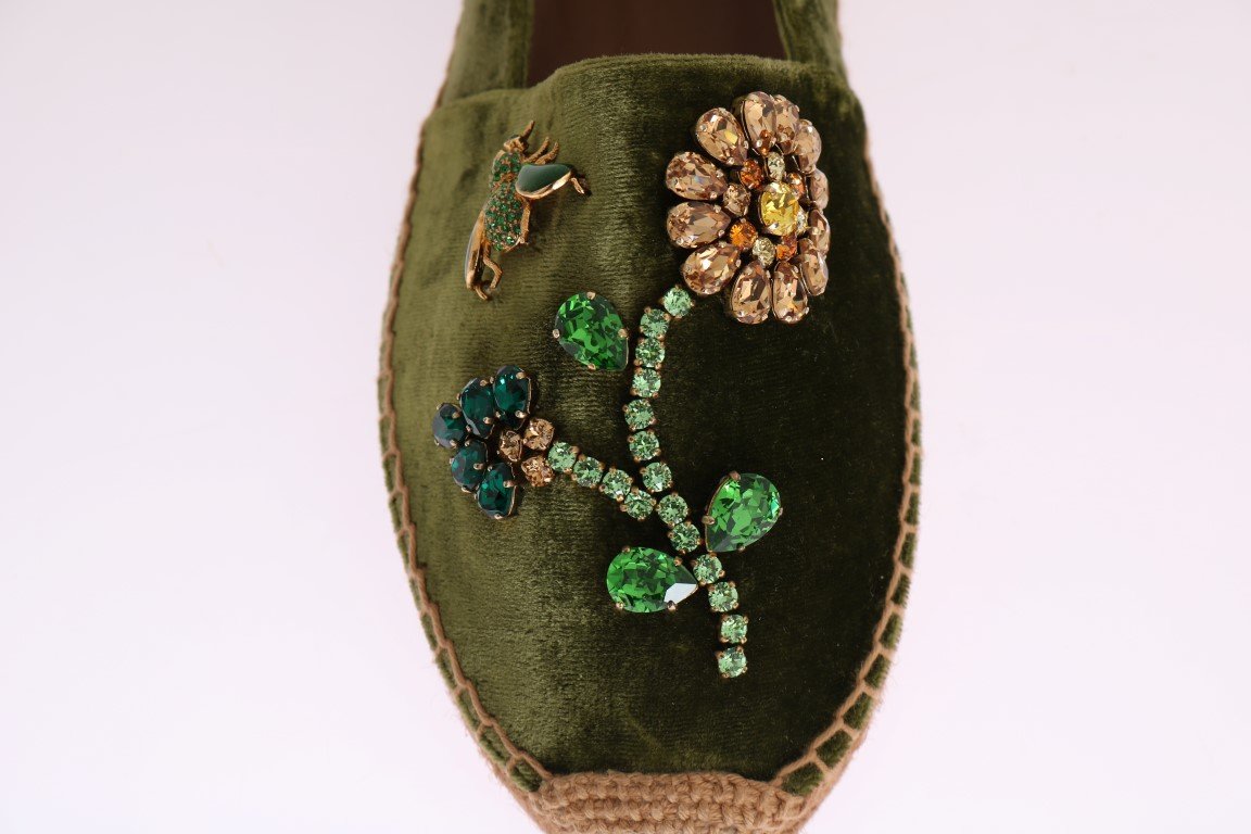 Green Velvet Crystal Espadrilles Shoes
