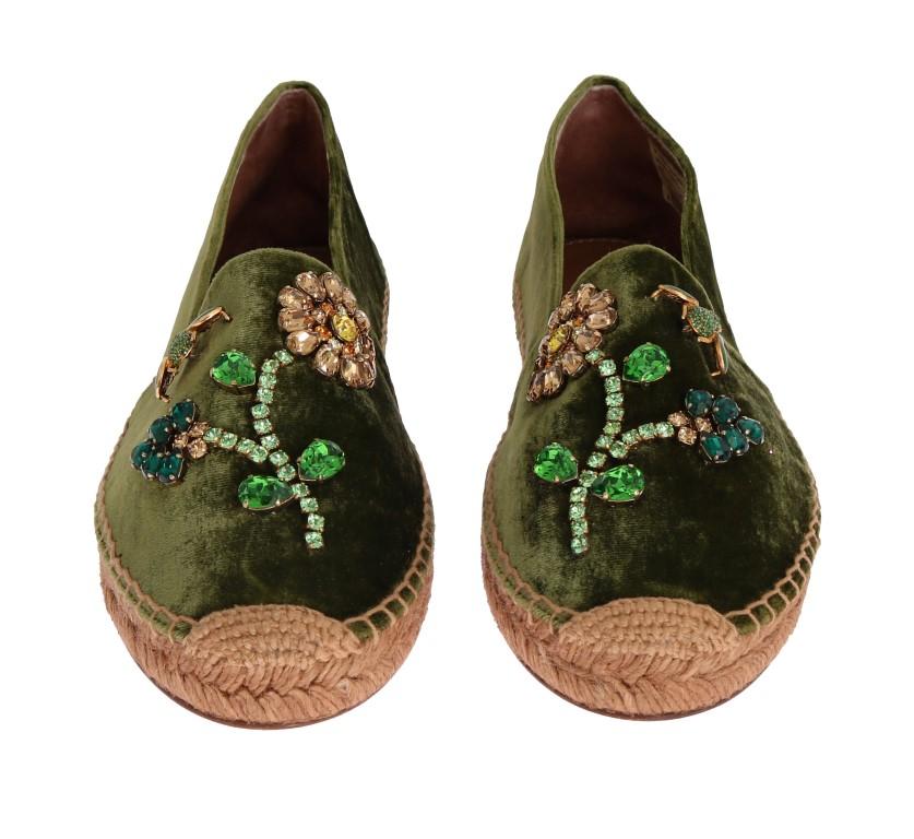 Green Velvet Crystal Espadrilles Shoes