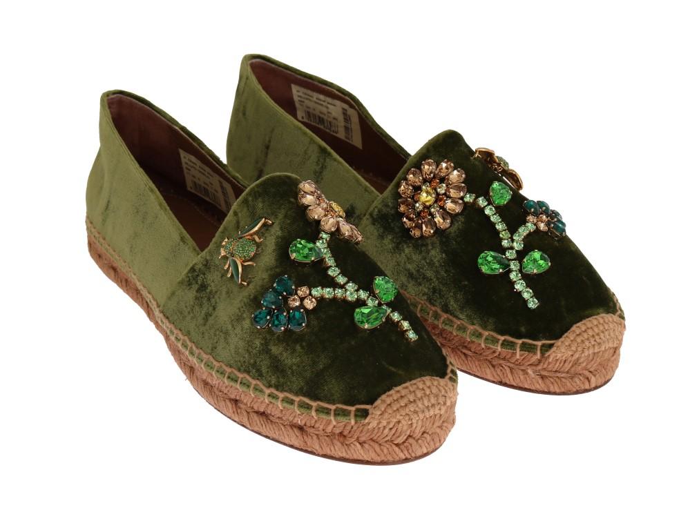 Green Velvet Crystal Espadrilles Shoes