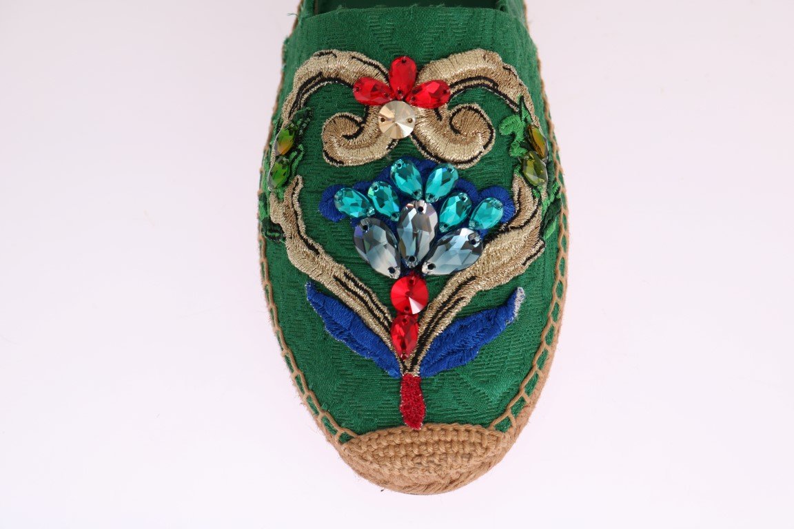 Green Brocade Crystal Espadrilles Shoes