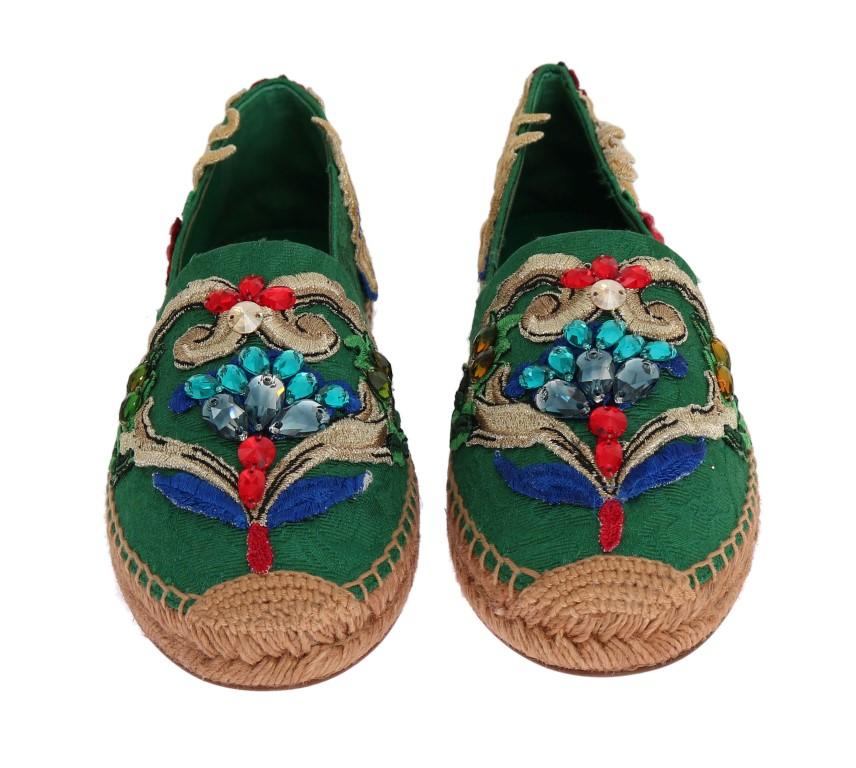 Green Brocade Crystal Espadrilles Shoes