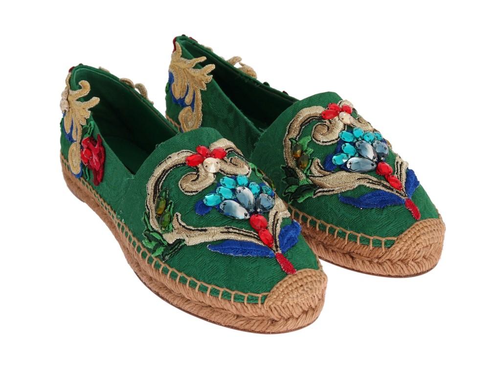 Green Brocade Crystal Espadrilles Shoes