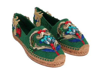 Green Brocade Crystal Espadrilles Shoes
