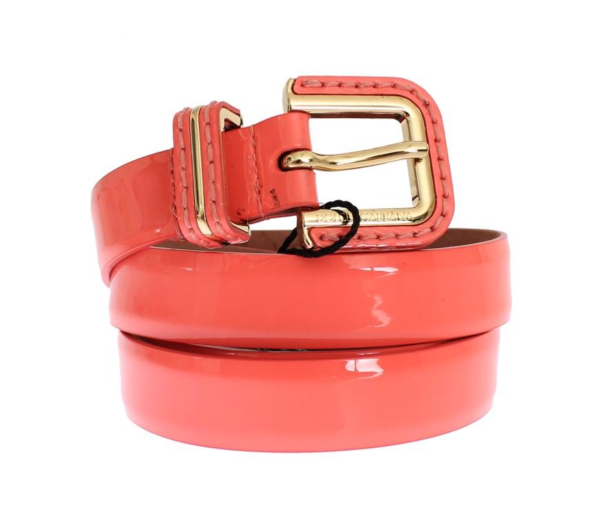 Pink Leather Gold Buckle Logo Waist Belt