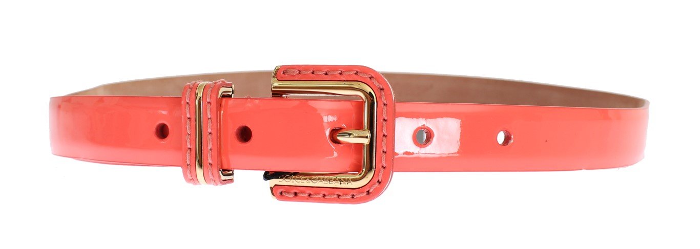 Pink Leather Gold Buckle Logo Waist Belt