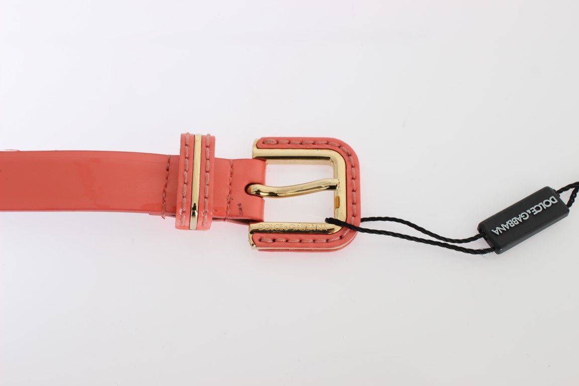 Pink Leather Gold Buckle Logo Waist Belt