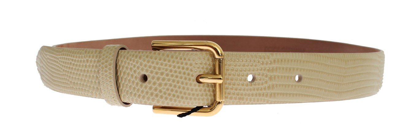 Beige Snakeskin Gold Buckle Logo Waist Belt