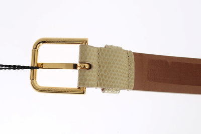 Beige Snakeskin Gold Buckle Logo Waist Belt