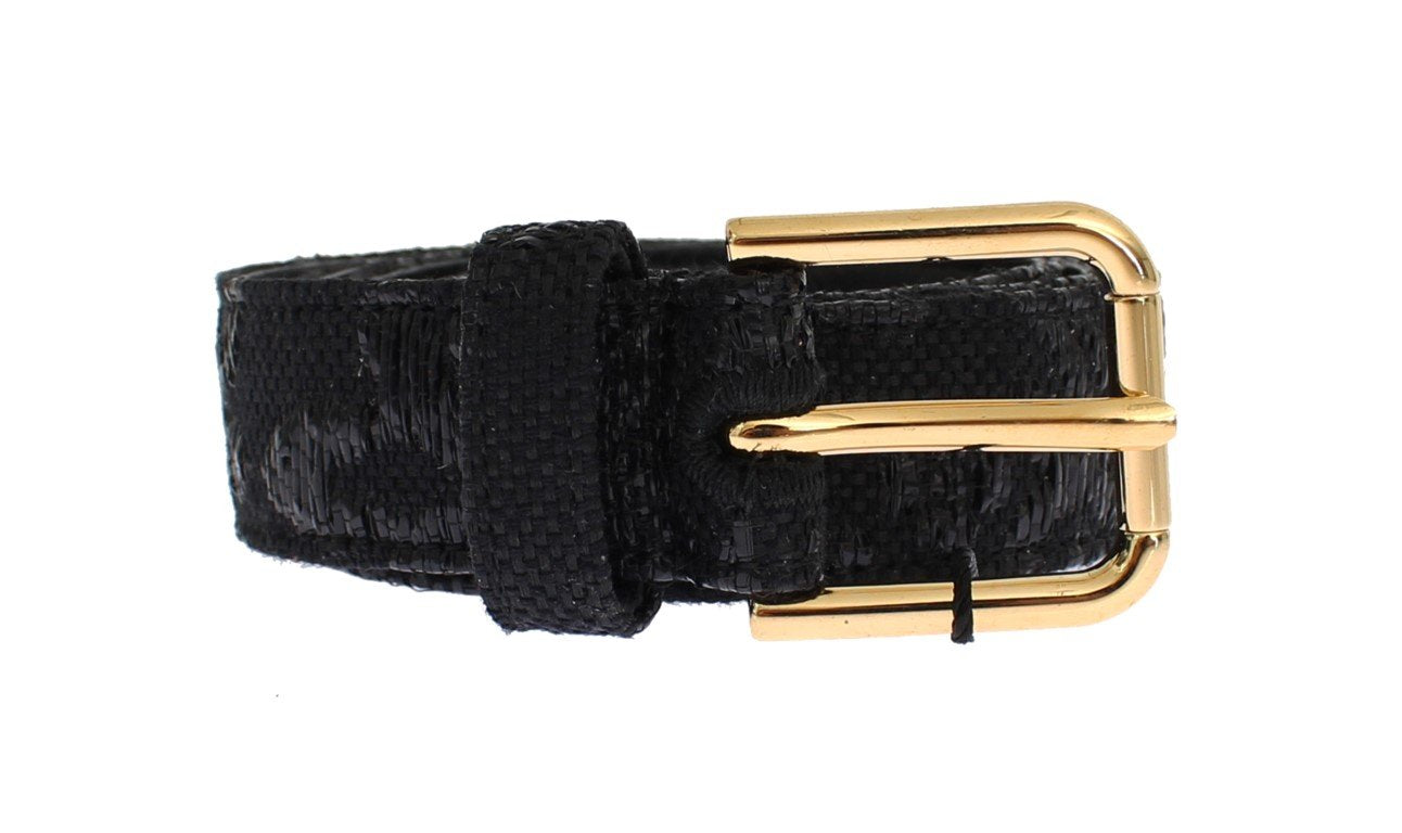 Black Raffia Brocade Gold Buckle Logo Belt