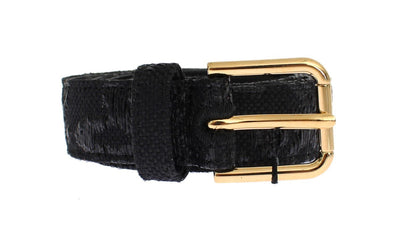Black Raffia Brocade Gold Buckle Logo Belt