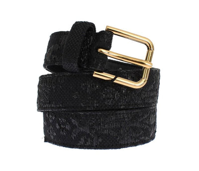 Black Raffia Brocade Gold Buckle Logo Belt