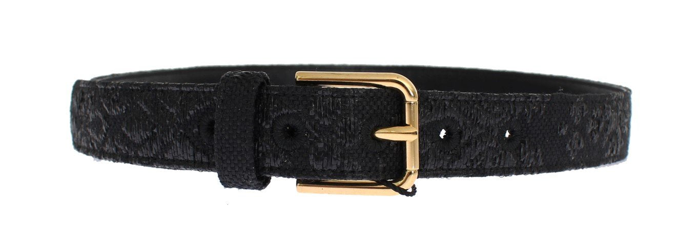 Black Raffia Brocade Gold Buckle Logo Belt