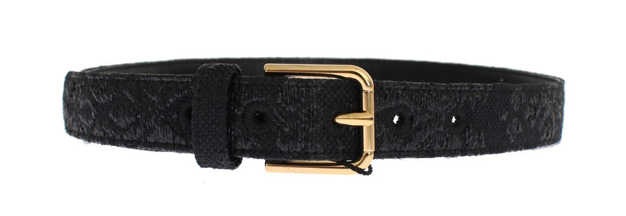 Black Raffia Brocade Gold Buckle Logo Belt