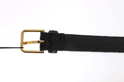 Black Raffia Brocade Gold Buckle Logo Belt