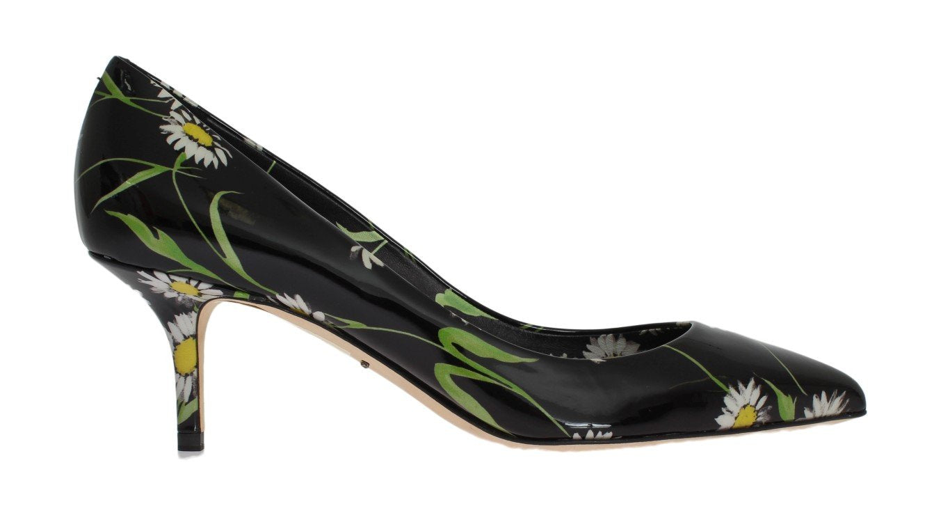 Black Floral Print Patent Leather Pumps