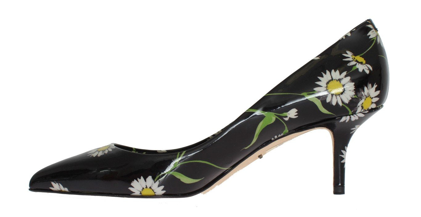 Black Floral Print Patent Leather Pumps