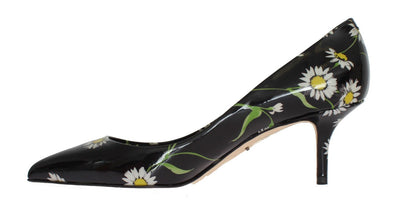 Black Floral Print Patent Leather Pumps