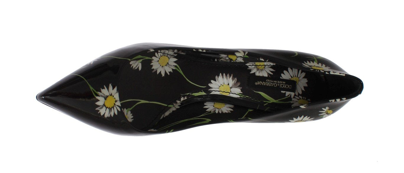 Black Floral Print Patent Leather Pumps