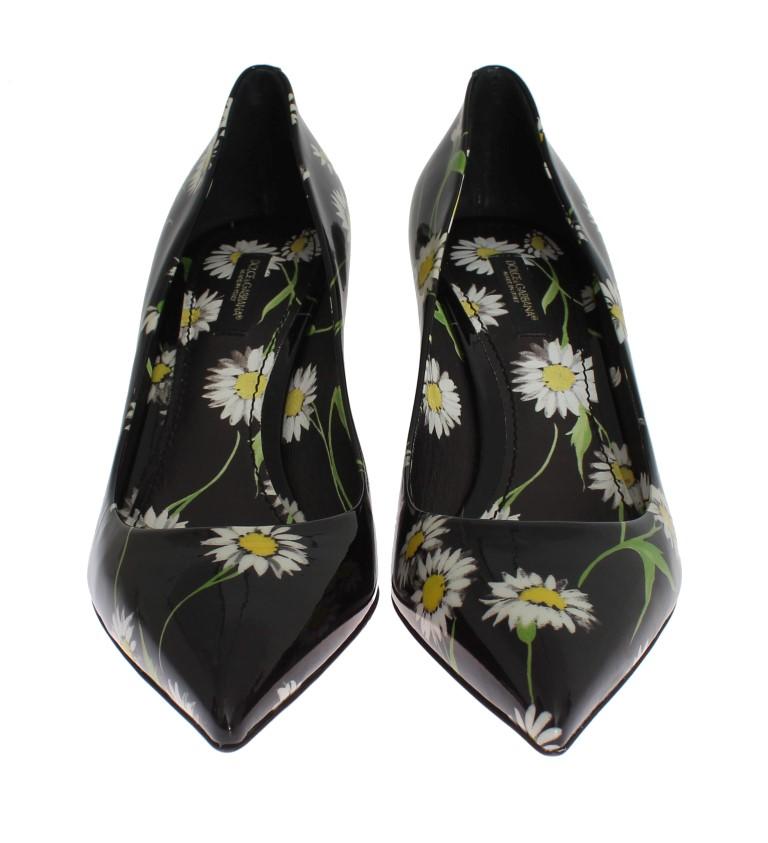 Black Floral Print Patent Leather Pumps