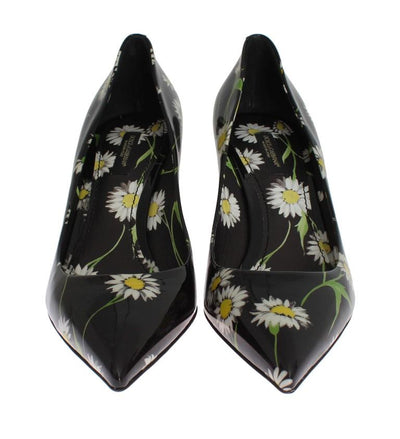 Black Floral Print Patent Leather Pumps