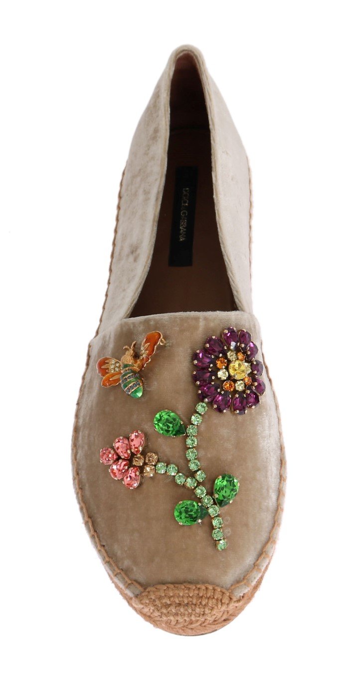 Beige Velvet Crystal Espadrilles Shoes