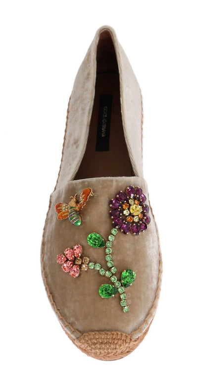 Beige Velvet Crystal Espadrilles Shoes