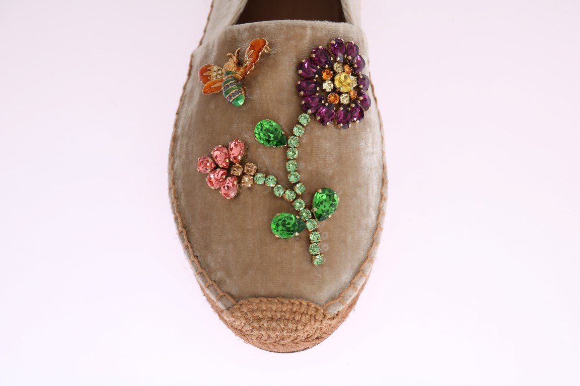Beige Velvet Crystal Espadrilles Shoes