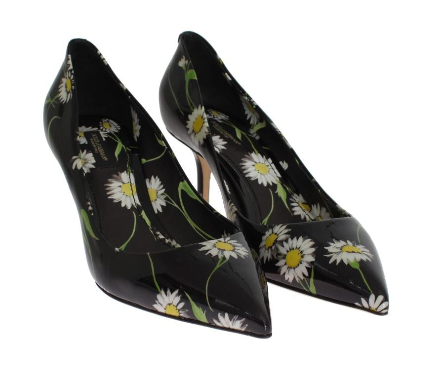 Black Floral Print Patent Leather Pumps