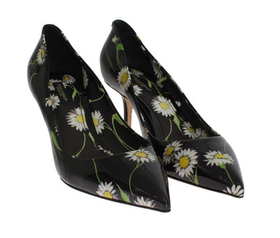 Black Floral Print Patent Leather Pumps