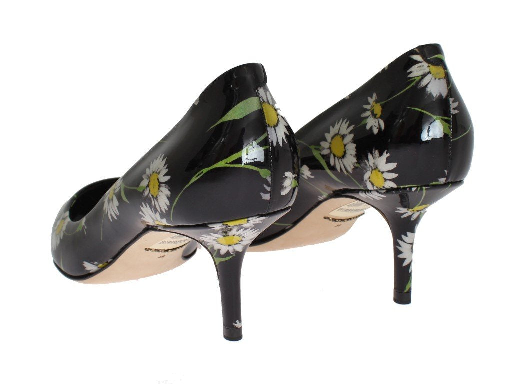 Black Floral Print Patent Leather Pumps