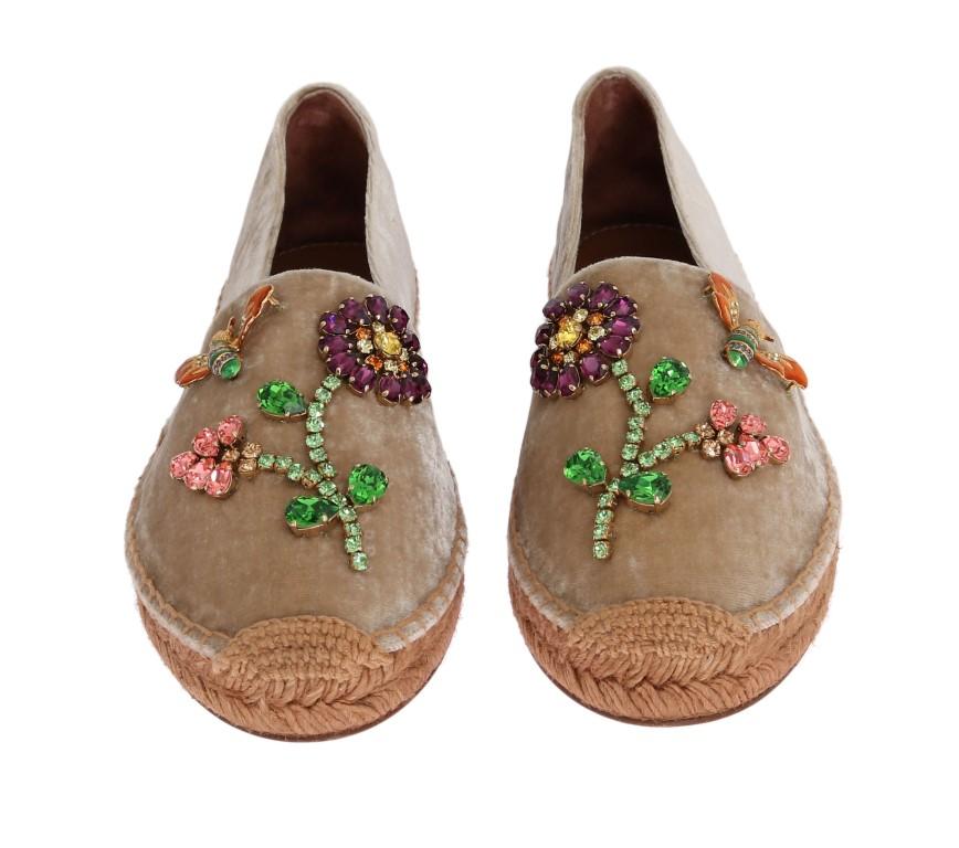 Beige Velvet Crystal Espadrilles Shoes