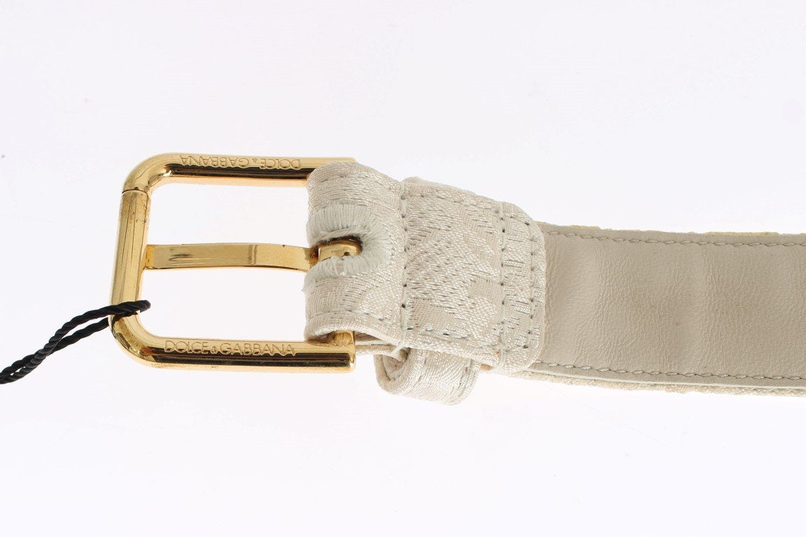 White Cotton Brocade Gold Buckle Logo Belt