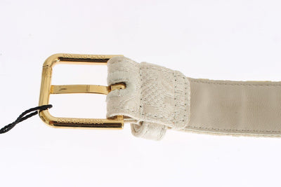 White Cotton Brocade Gold Buckle Logo Belt