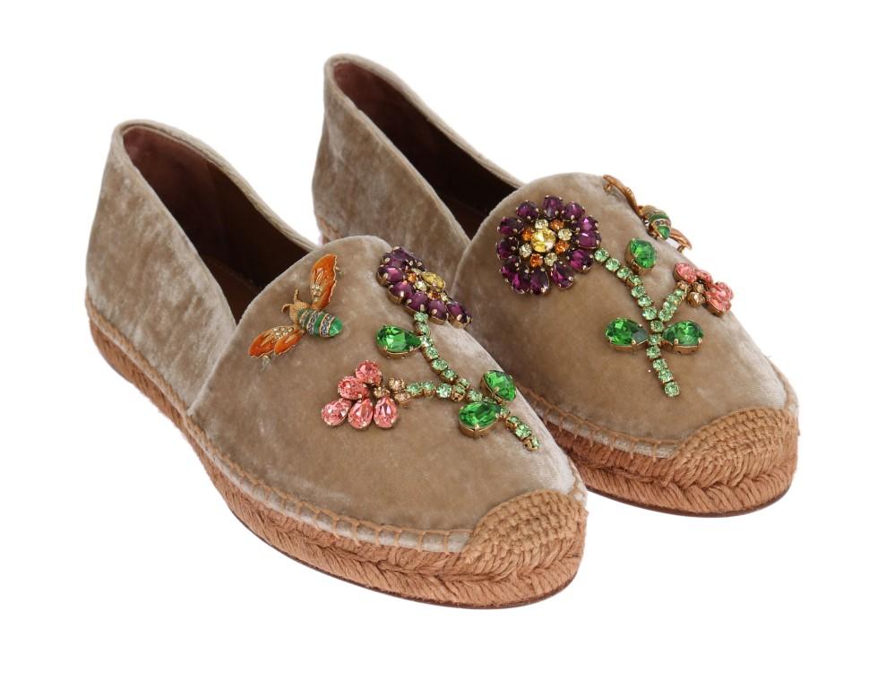 Beige Velvet Crystal Espadrilles Shoes