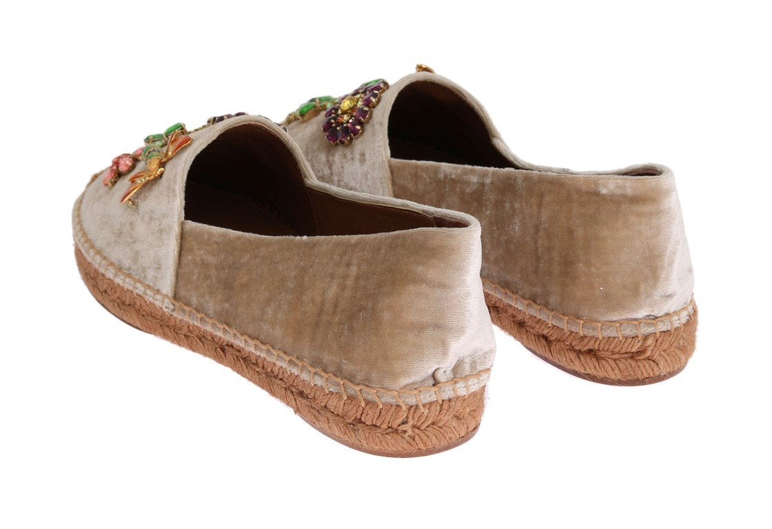 Beige Velvet Crystal Espadrilles Shoes