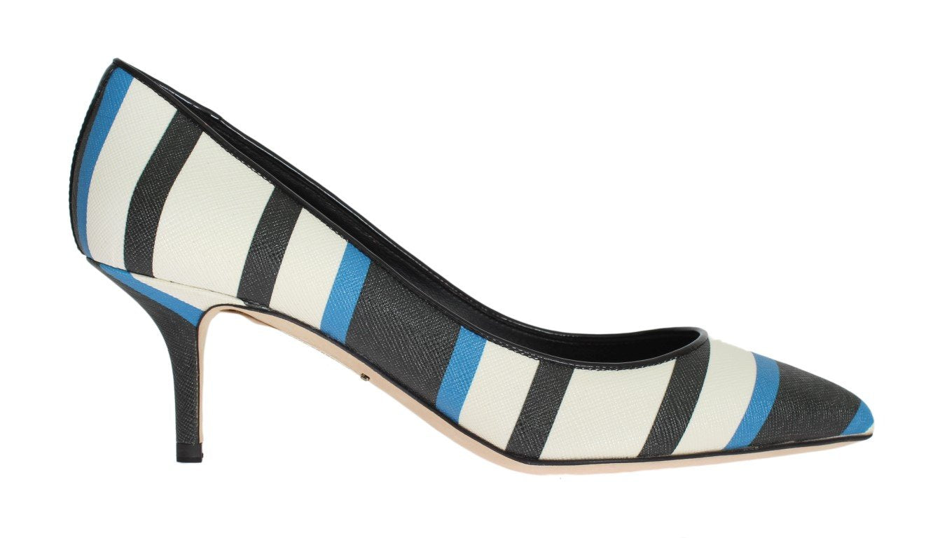 Blue Striped Saffiano Leather Pumps