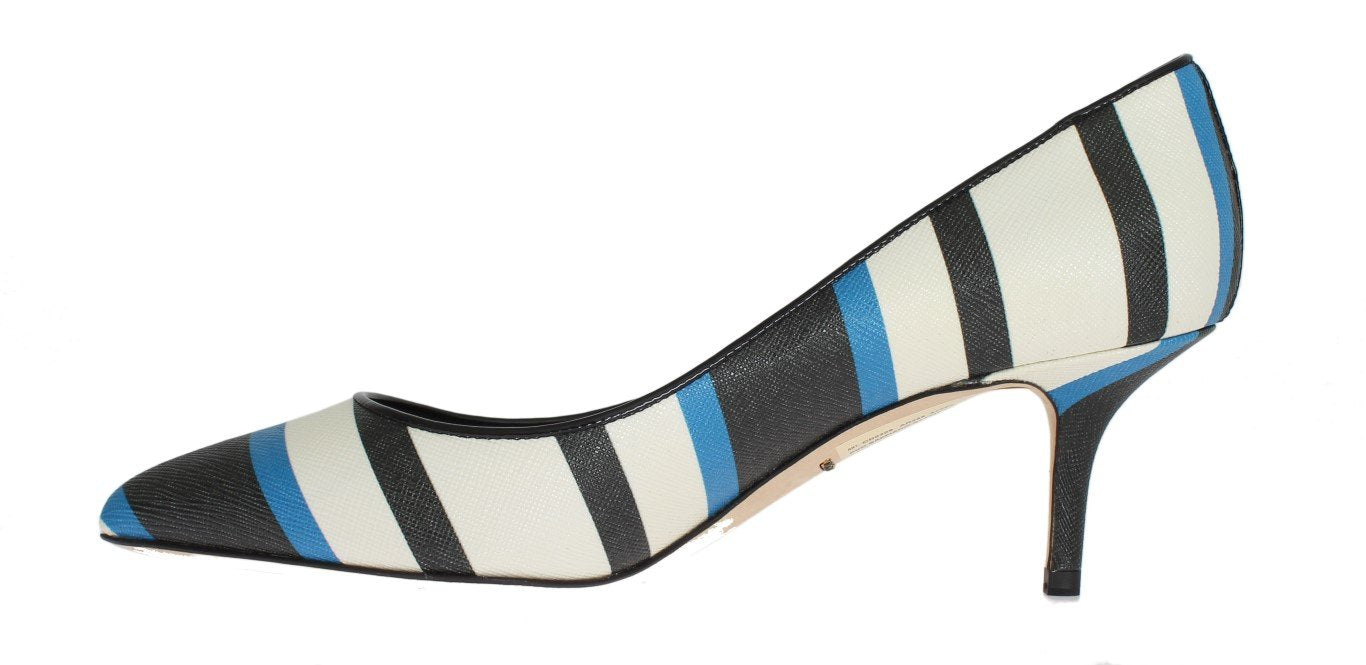 Blue Striped Saffiano Leather Pumps