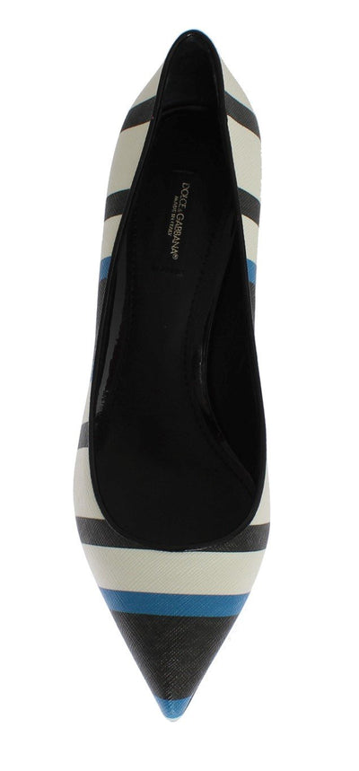 Blue Striped Saffiano Leather Pumps
